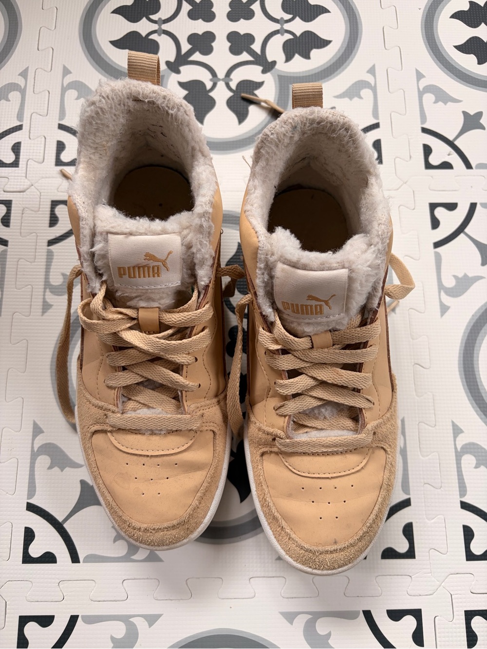 Puma Beige/Tan Suede High-Top Sneakers with Shearling Collar